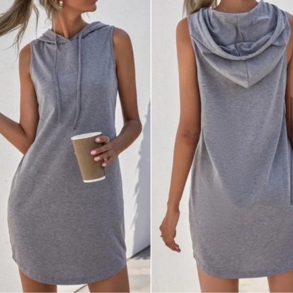 Casual navy blue sleeveless hoodie dress - Picture 4 of 12